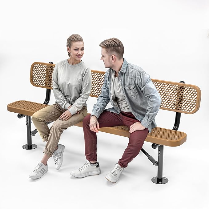 Heavy-Duty Outdoor Metal Bench, Thermoplastic-Coated, Surface, Weatherproof, Commercial-Grade for Parks, Gardens, Patios, Stores & More (6 Ft - Surface with Back, Brown)