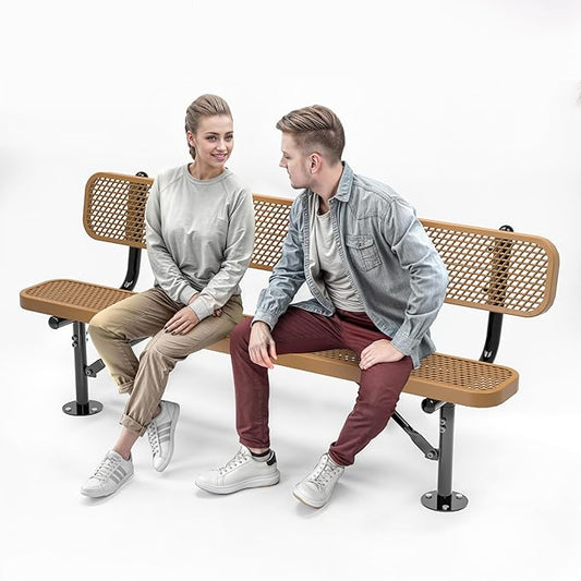 Heavy-Duty Outdoor Metal Bench, Thermoplastic-Coated, Surface, Weatherproof, Commercial-Grade for Parks, Gardens, Patios, Stores & More (6 Ft - Surface with Back, Brown)