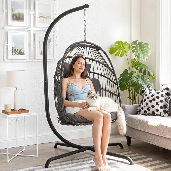 BLUEXYARD Boho Rattan Egg Chair with Stand, 350 Lbs Foldable Wicker Hanging Patio Hammock with Cozy Cushion, Compact Swing Basket Chairs for Balcony Porch Garden Bedroom Outdoor Indoor, Dark Grey