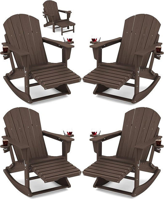 KINGYES Adirondack Rocking Chair Set of 4 with Retractable Ottoman and Cup Holders, HDPE Adirondack Rocker Patio Rocking Chair for Porch, Patio, Balcony, Coffee Brown
