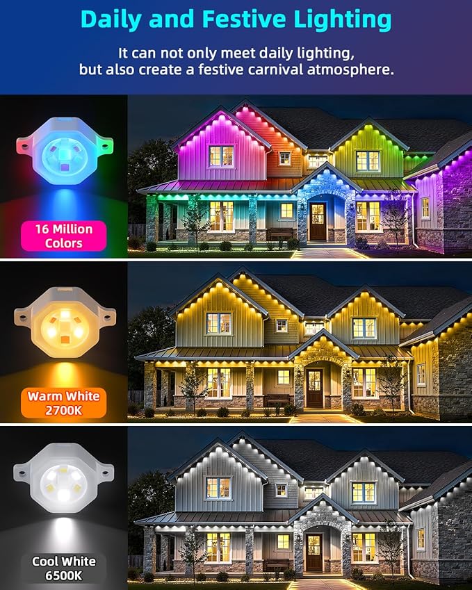REYLAX Permanent Outdoor Lights Pro 200ft, 144 Triple-LED 135lm, RGB+IC Smart Eaves Christmas Lights for House, IP67 Waterproof, DIY Multi Scenes for Outdoor Decor, Works with Alexa Google APP Remote