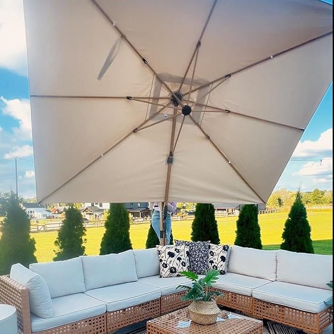 PURPLE LEAF 12FT Patio Umbrella Square Cantilever Umbrella Teak Finished Aluminum Frame Large Windproof Offset Outdoor Sun Umbrellas for Beach Pool Deck, Beige