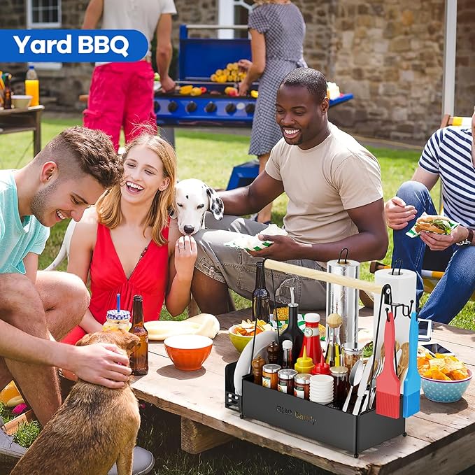 Grill Caddy, BBQ Caddy for Outdoor Grill with 2 Paper Towel Holders, Picnic Condiment Utensil Caddy for Outdoor, RV, Tailgating Essentials, Grilling Accessories, Camping kitchen, Gifts for Men