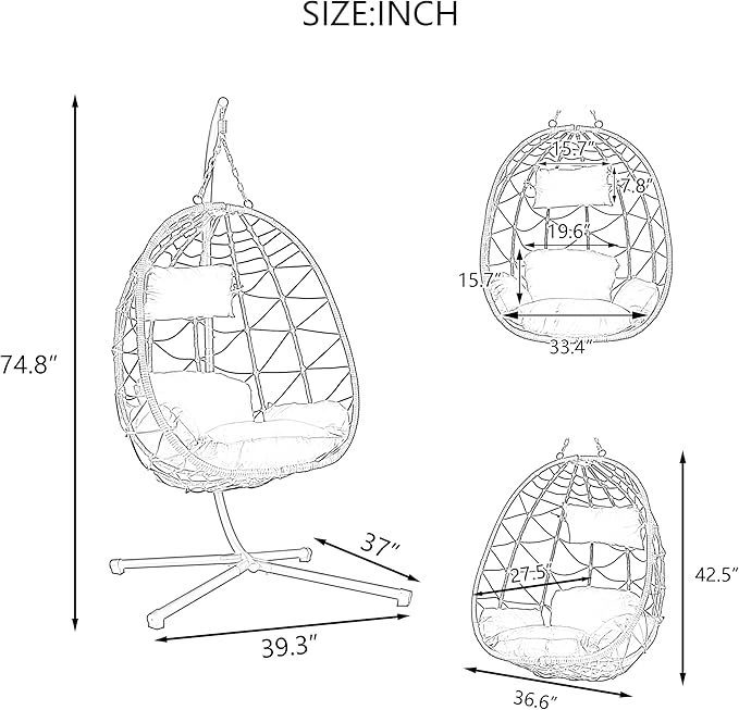 Wicker Hanging Chair with Stand,Indoor/Outdoor Swing Egg Chair with Cushion,Hammock Chair for Bedroom Living Room Patio Balcony Porch Garden,350Lbs Capacity Dark Gray 1 Seat