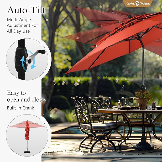 Sophia & William 10ft 3 Tier Auto-tilt Patio Umbrella, Outdoor Double Vented Umbrella with Crank, Orange Red