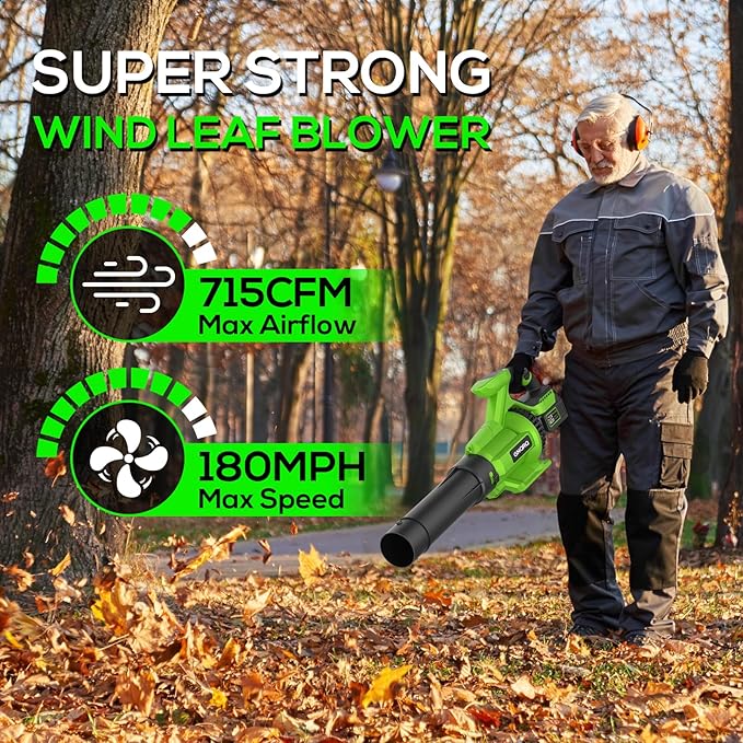 Electric Leaf Blower Cordless, 21V Battery Powered Blower with 2 x 4.0Ah Battery and Charge, 715CFM &180MPH and 3 Speed Mode, Brushless Handheld Blowers for Lawn Care, Yard, Leaves, Dust, Snow