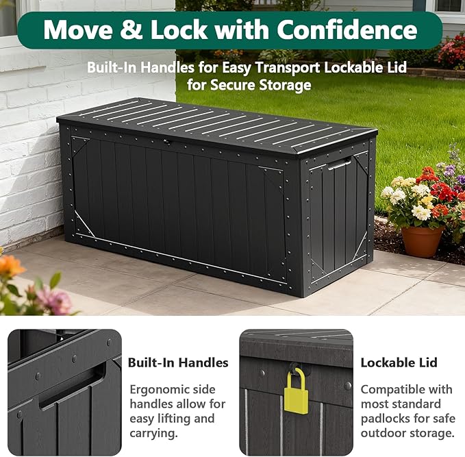 Outdoor Storage Box, 100 Gallon Deck Box Outdoor Storage Bench Outside Waterproof Resin Storage Bench, Lockable Patio Cushions, Garden Tools Storage For Furniture, UV Resistant(Black)