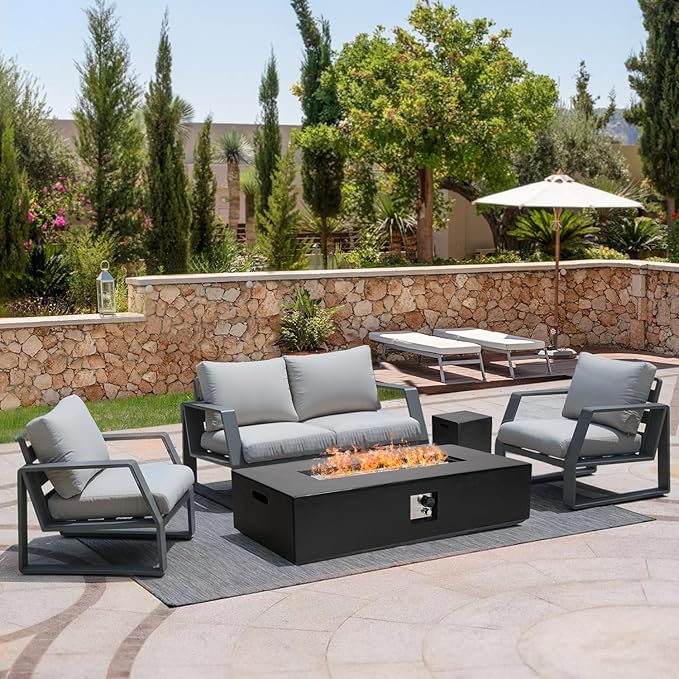 NAGA HABNA 56 Inch Propane Fire Pit Table, Outdoor Rectangle Fire Table w Tank Table (50,000 BTU), 2 Piece Gas Fire Pit in Black w White Fire Glass for Garden, Pool, Backyard