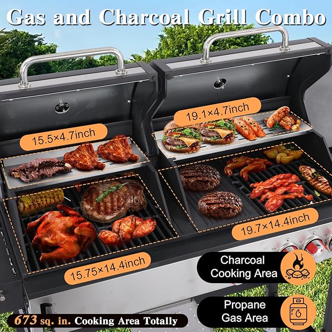 CIG GARDEN Gas and Charcoal Combo Grill, 3 Burner Propane Gas Grill with Side Burner, Cast Iron Grates Outdoor Barbecue Grill with 41,500 BTU Output, Perfect for Outdoor Cooking, Balcony, Camping