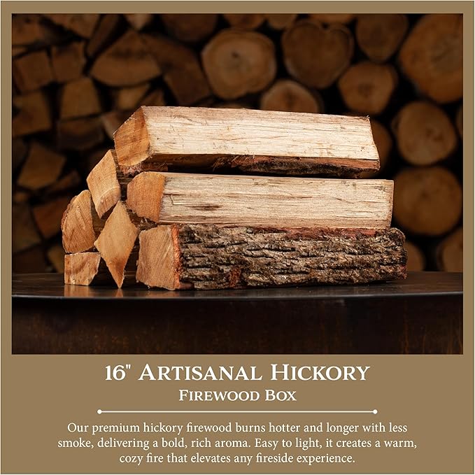 Artisanal Hickory Firewood Box by Cutting Edge – 16" Premium Logs for Fires & Cooking | Bold Aroma, High Heat | Includes Fire Starters, Kindling & Matches | Great for BBQ, Pork, Beef & Game