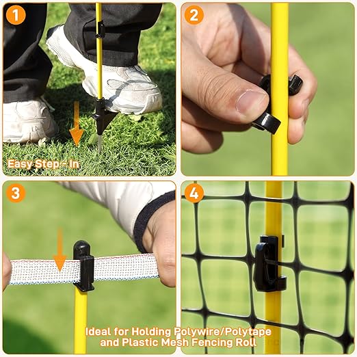48 Inch / 4 Ft Fiberglass Step-in Electric Fence Posts – 5 Clips, Holds Wire, Poly Tape, and Poly Rope, Livestock Control | Lightweight, Anti-Rotation