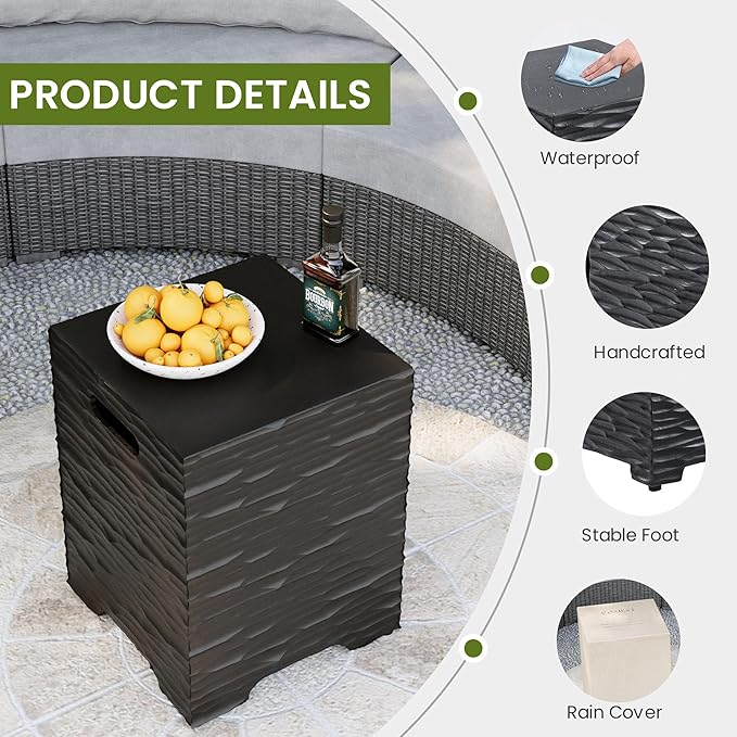 COSIEST Outdoor Propane Tank Cover Table with Wave Design, 16 inch Outside Hideaway Tank Table, Hides Standard 20lb Tank, Black