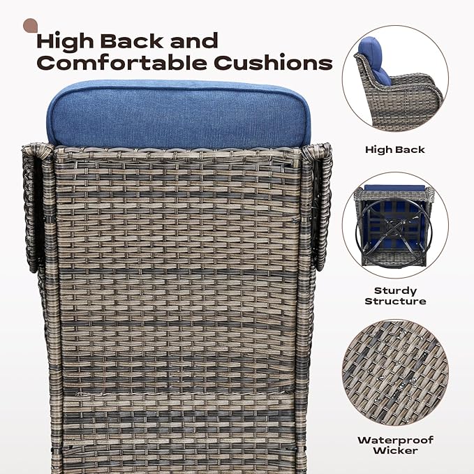 Rilyson 6 Piece Outdoor Patio Swivel Rocker Chairs, Waterproof Wicker, High Back, Deep Seating, Wide Armrest, Upgraded 6 inch Thick Cushions, Side Table, Ideal for Deck Porch Yard, Mixed Grey/Blue