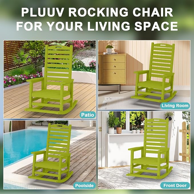 Outdoor Rocking Chair Set of 2 with Removable Footboard for Adults, HDPE High Back Patio Rocking Chairs, 330lbs All Weather Porch Rocking Chairs for Outdoor & Indoor -Pistachio Green