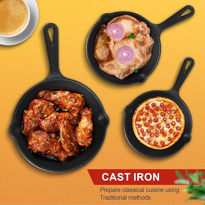 Cast Iron Skillet Set -3 Piece 6 inch, 8 inch and 10 inch Cast Iron Pan, with Scraper+Dish Sponge - Oven Grill Stovetop Safe Cookware - Black