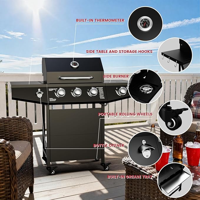 40,000 BTU Propane Grill, 3 Burner BBQ Barbecue Gas Grill with Side Burner and Stainless Steel Grates for Patio, Camping, Outdoor Cooking