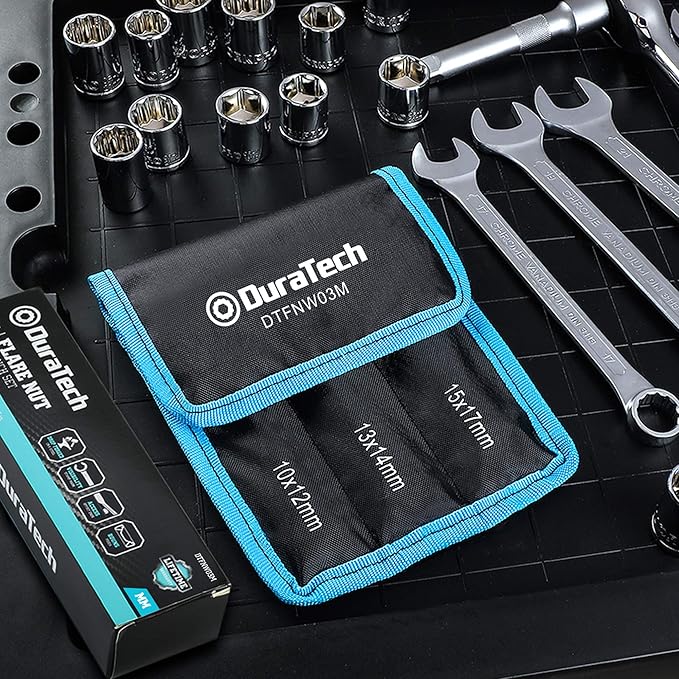 DURATECH Flare Nut Wrench Set, Metric, 3-piece, 10, 12, 13, 14, 15, 17mm, CR-V Steel, Organizer Pouch Included