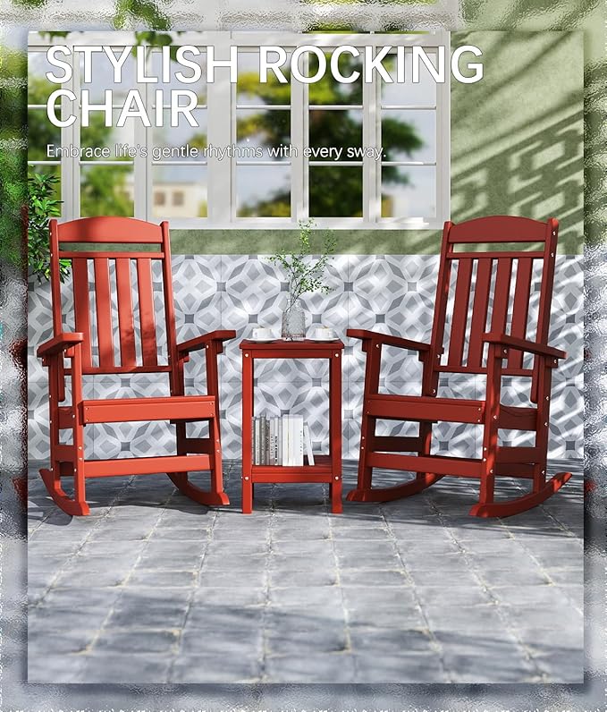 FOOWIN Outdoor Rocking Chair Set of 4, High Back Patio Rocking Chair, HDPE All Weather Resistant Porch Rocker for Adult, Oversized Rocking Chairs for Garden, Lawn, Indoor & Outdoor Use, Dark Red