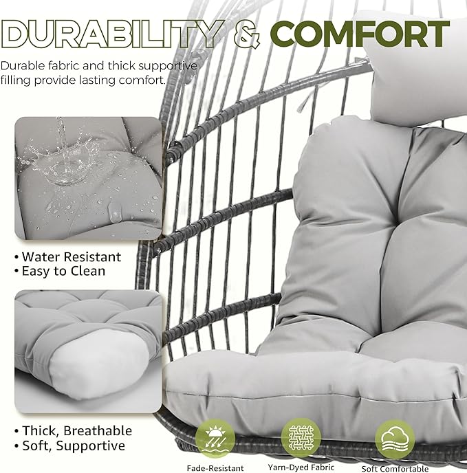 RADIATA Outdoor Self-Standing Egg Chair with Stand, 350Lbs Wicker Rattan Hanging Hammock Chair with Comfy Cushion, Single Eggshell Basket Swing Seat for Garden Balcony Bedroom Patio, Light Grey