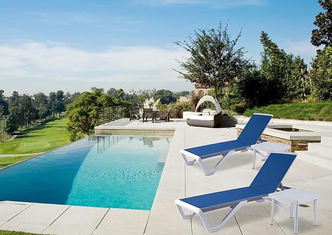 Kozyard Patio Chaise Lounge Chair - Full Flat Alumium & Resin Legs, Outdoor Reclining Adjustable Chair for Sunbathing, Beach, Patio, Lounge Set and Table (Blue Textilence W/Table)