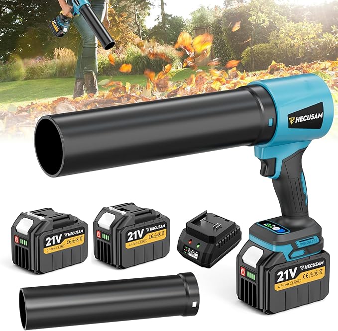 Leaf Blower with Dual 6000 mAh Batteries & Charger- HECUSAM 600000 RPM Brushless Cordless Electric Blower Lightweight 2.98LBS 3 Speeds for Yard, Lawn & Car