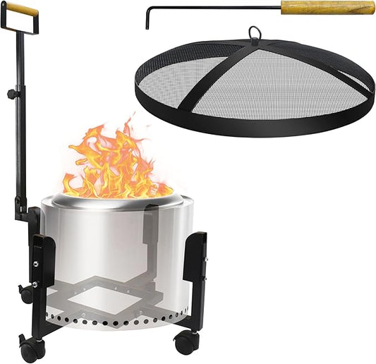 FEBTECH - 2 in 1 Smokeless Firepit Accessory Combo - 18" Spark Screen, 22" Rolling Trolley Stand for 19.5" Fire Pits - Smokeless Firepit Accessories for Camping, Patio, Backyard