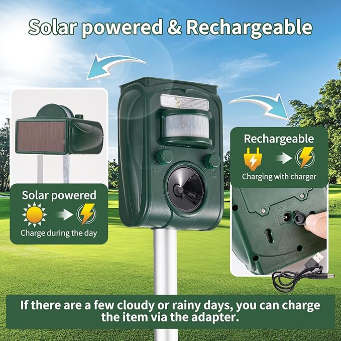 CIIC Upgraded Solar Ultrasonic Animal Repellent Devices Motion Detection 5 Adjustable Modes, Deer Cat Squirrel Raccoon Rabbit Dog Repellent Deterrent with LED Waterproof Flash Lights for Yard, Farm