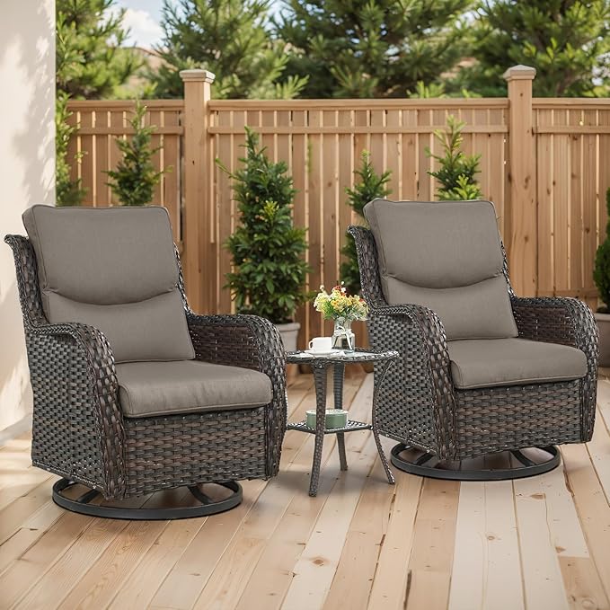 Outdoor Swivel Rocker Patio Chairs with 5" Thick Cushion - 3 Piece Wicker Bistro Set with Side Table, High Back Comfty Outdoor Glider Chairs for Balcony, Porch, Deck, Poolside - Brown/Gray