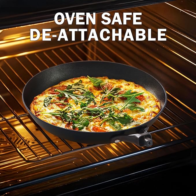 DM Cast Iron Skillet, 3 Piece Nonstick Frying Pan Set, 8” 10” 12” with Detachable Acacia Wooden Handle, Honeycomb Non stick Omelet Egg Pan, Easy Clean Oven Safe Pans for Cooking