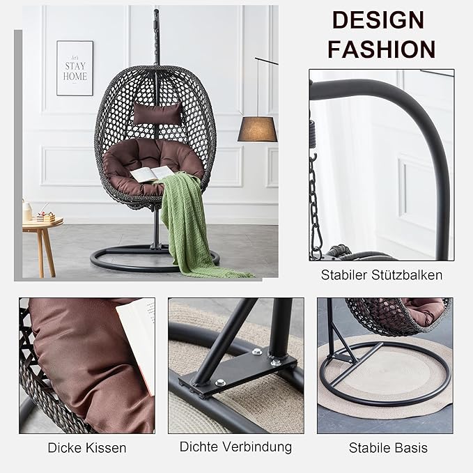 Egg Swing Chair Outdoor with Stand, Hanging Egg Rattan Basket Chair with Cushion and Pillow, Lounge Chair, Foldable Basket and Metal Stand for Porch, Patio, Bedroom, Balcony,Yard (Black)