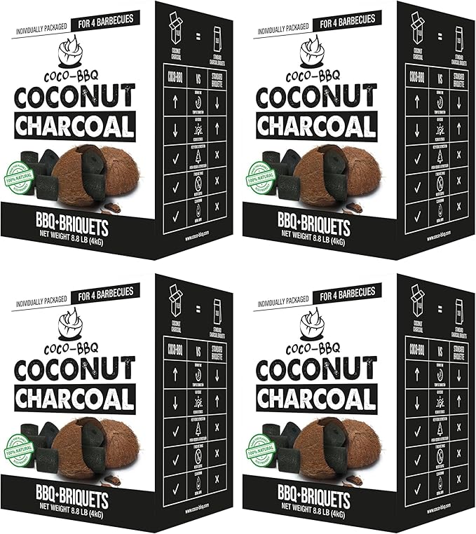 Coconut Charcoal BBQ Briquettes | Organic, Long-Burn, High Heat, Low Ash, No Sparks | Perfect for Christmas & Winter Grilling, Cookouts, Smokers & Roasting | Even Burn & Mild Flavor - 4PACK