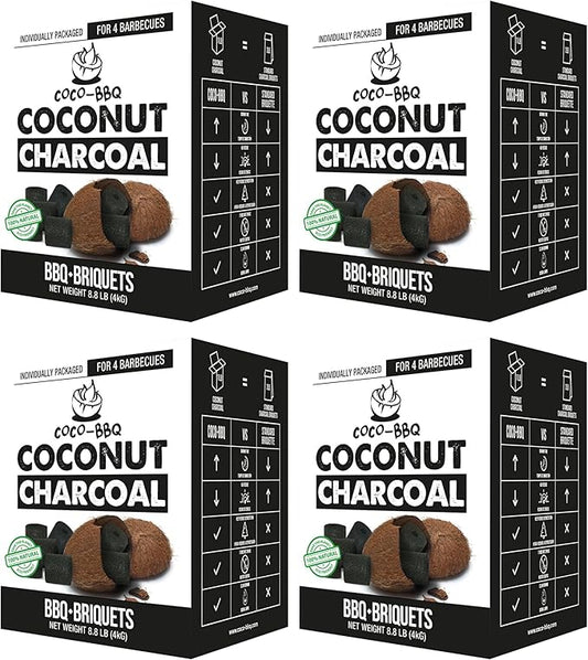 Coconut Charcoal BBQ Briquettes | Organic, Long-Burn, High Heat, Low Ash, No Sparks | Perfect for Christmas & Winter Grilling, Cookouts, Smokers & Roasting | Even Burn & Mild Flavor - 4PACK