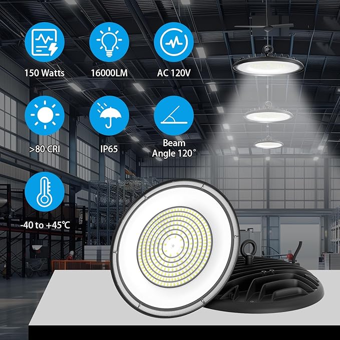 150W LED High Bay Light 16,000LM 5000K High Bay Shop LED Lights Commercial,IP65 Waterproof,Energy Saving for Warehouse/Garden/Hotel/Mall/Barn/Factory UL-Listed