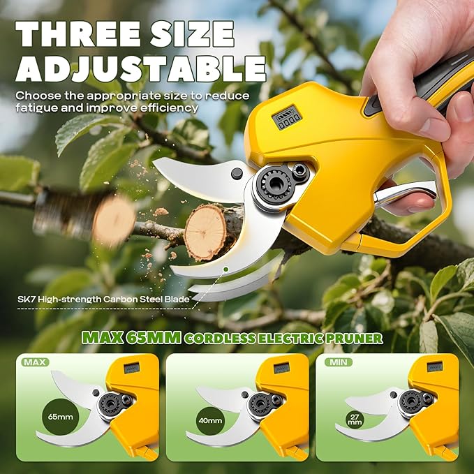 2-in-1 Cordless Electric Pruning Shears, 2.5" Cutting Diameter Electric Pruner, 15Ft Max Reach with 2x 21V 4000mAh Batteries, LCD Display, SK5 Blades for Tree Trimming, Branch Cutter (YELLOW)