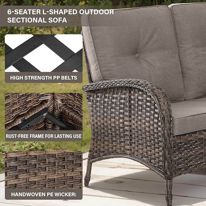 Belord 8 Pieces Patio Conversation Set with 43” Propane Fire Pit Table, Outdoor Sectional Furniture Sofa Set with Removable Cushions for Patio Deck Backyard Brown