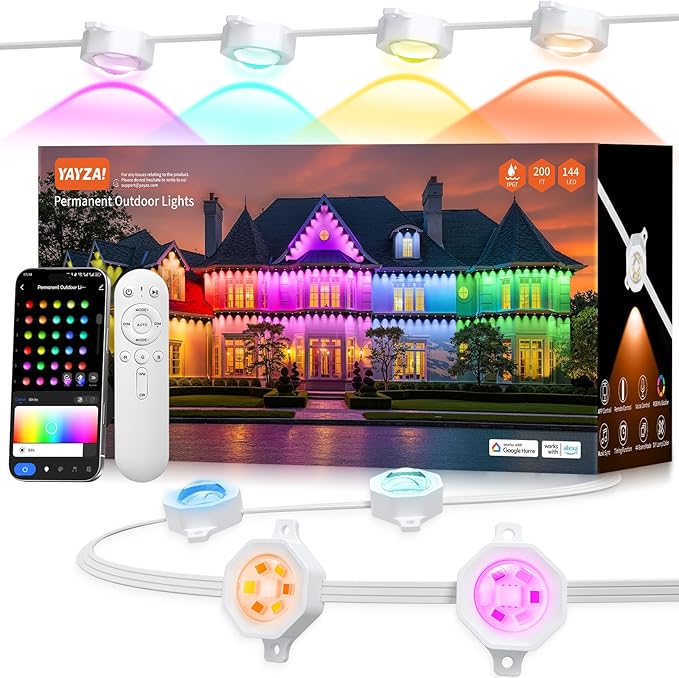 YAYZA! Permanent Outdoor Lights Pro, 200ft 144 LED 135lm Smart RGB+IC+Warm/Cool White Christmas Eave Lights, Music Sync&DIY Scenes, IP67 Waterproof for Outside Decor Works with Alexa,Google Assistant