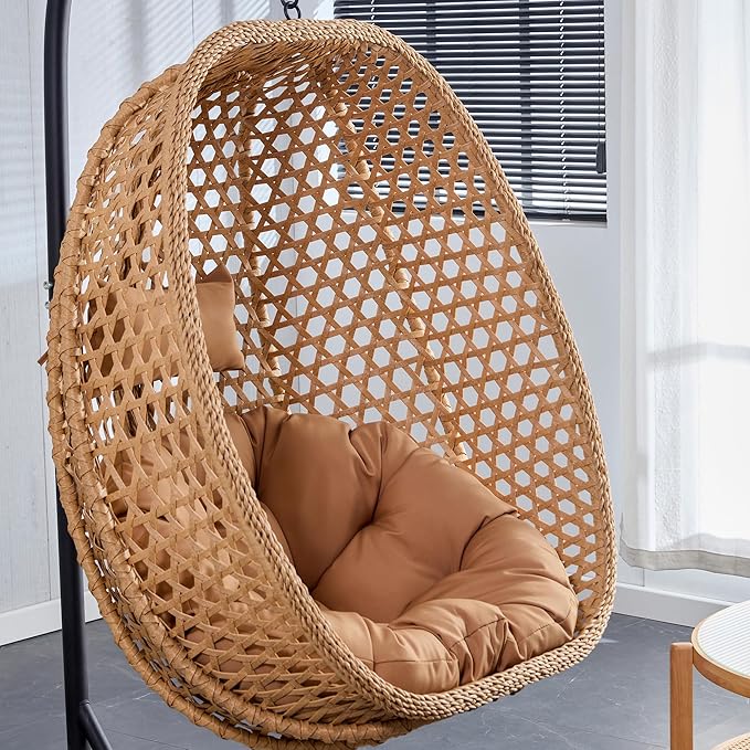 Egg Swing Chair Outdoor with Stand, Hanging Egg Rattan Basket Chair with Cushion and Pillow, Lounge Chairs, Foldable Basket and Metal Stand for Porch, Patio, Bedroom, Balcony,Yard (Khaki)