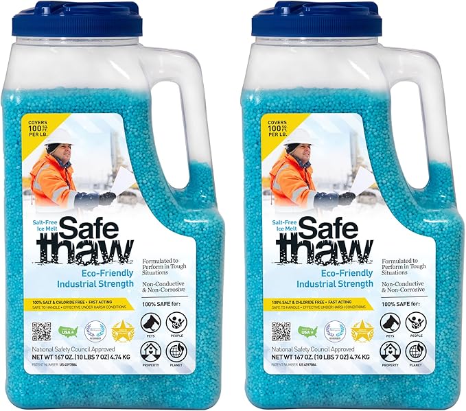 Safe Thaw Ice Melt - 100% Salt-Free, Pet & Concrete Safe, Industrial Strength, Chloride-Free, Fast-Acting Snow & Ice Melter with Traction Agent - Use on Asphalt, Roofs & All Surfaces, 10 lbs Jug