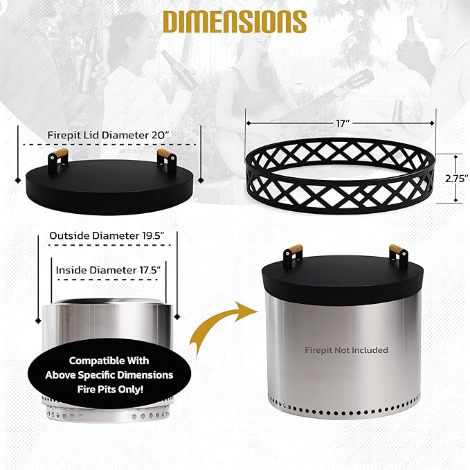 FEBTECH - Smokeless Fire Pit Accessories Combo – 17" Carbon Steel Base, 20" Lid with 2 Wooden Handles – Bonfire Fireplace Tools for Camping, Patio, Backyard - Solo Stove Accessories
