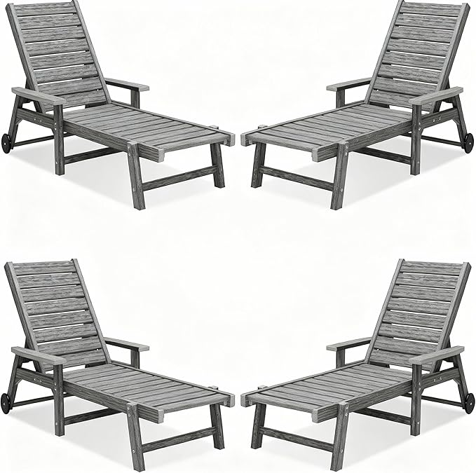 Patio Chaise Lounges Set of 4, HDPE Outdoor Lounge Chairs with Adjustable Backrest, Wheels, Armrest, All Weather Poly Lumber Recliner for, Poolside, Porch, 350lbs Weight Capacity (Grey)