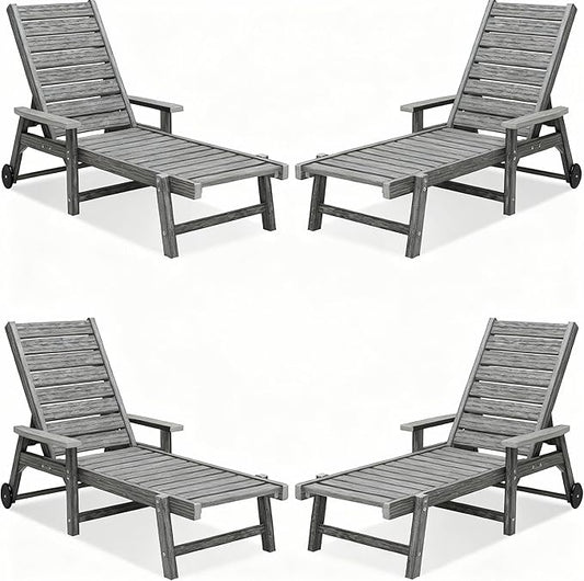 Patio Chaise Lounges Set of 4, HDPE Outdoor Lounge Chairs with Adjustable Backrest, Wheels, Armrest, All Weather Poly Lumber Recliner for, Poolside, Porch, 350lbs Weight Capacity (Grey)