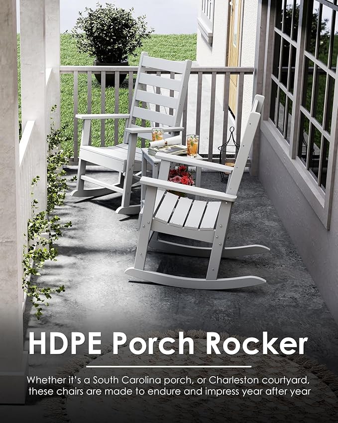 GREENVINES Outdoor-Rocking-Chairs-Set-of-4 | HDPE Plastic | Patio Rockers | Porch Rocker Chair | Shaker | Oversized | High Ladder Back | Big & Tall | PentaLuxe | White