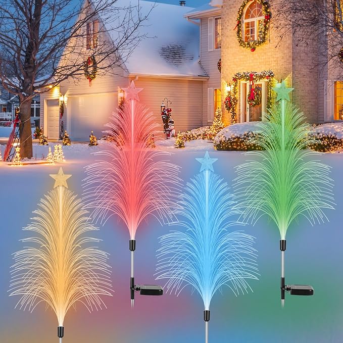Solar Christmas Tree Lights, 4Pack 7 Color IP44 Waterproof Changing Solar Optical Fiber Stake Lights Christmas Decorations with Topper Star for Garden Yard Pathway Lawn Outdoor