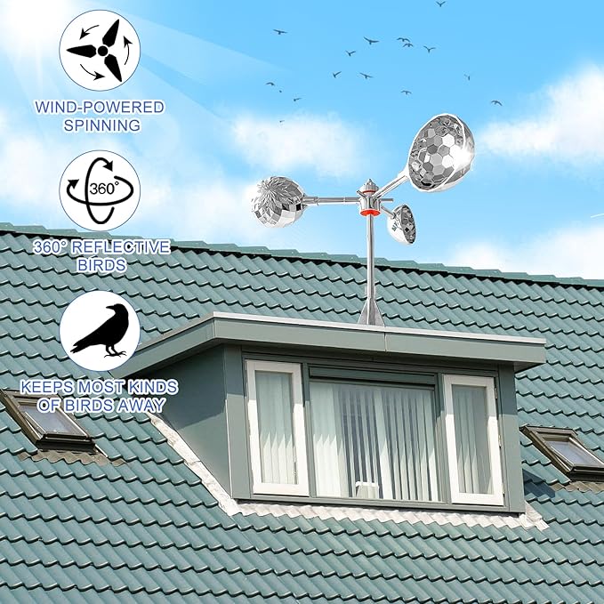 Bird Reflective Spinning Deterrent Devices for Outside Keep Birds Away Pigeon Woodpeckers Deterrent for Garden Roofs, Silver