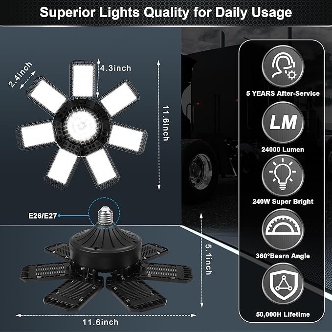 1 Pack LED Garage Light, 240W 24000LM 6500K LED Shop Lights, Garage Lights Ceiling Led with 7+1 Deformable Panels, E26/E27 Bulb Socket Lighting for Shop, High Bay, Attic, Basement, Warehouse