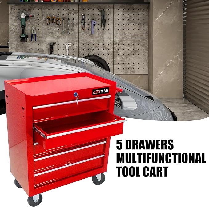 5 Large Drawers Tool Cart on Wheels,Rolling Tool Chest Tool Storage,Drawers Rolling Tool Trolley Organizer Tool Case for Garage, Warehouse, Workshop, Repair Shop (5 Large Drawers-29.3" H-Red)