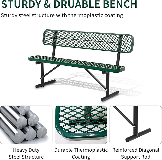 6 Ft Metal Park Bench for Outside, All-Weather Thermoplastic Coating Outdoor Bench with Backrest, Commercial Heavy Duty Benches for Shopping Malls, Stores, Parks, Patios, Decks, Green