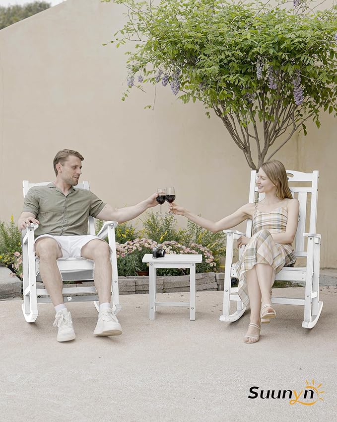 Oversized Outdoor Rocking Chair Set of 2, High Back Porch Rocker Chair, HDPE All Weather Resistant Rocking Chairs for Patio, 380lbs Weight Capacity, White