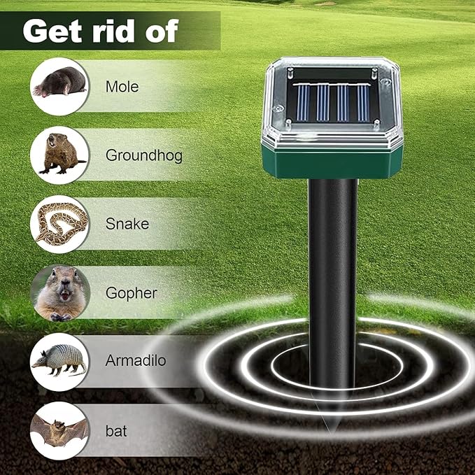Mole Repellent Solar Powered for Lawns Snake Repellent for Yard Gopher Trap Groundhog Vole Repellent Ultrasonic Spike Outdoor Waterproof Sonic Chipmunk Rodent Burrowing Animals Deterrent Stake