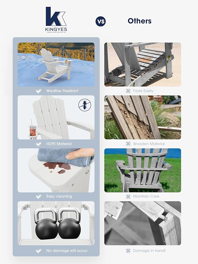 KINGYES Folding Adirondack Chair Set of 4, HDPE All-Weather Patio Chairs with Cup Holder, Wooden Textured Fire Pit Chairs for Poolside, Backyard, Deck, White